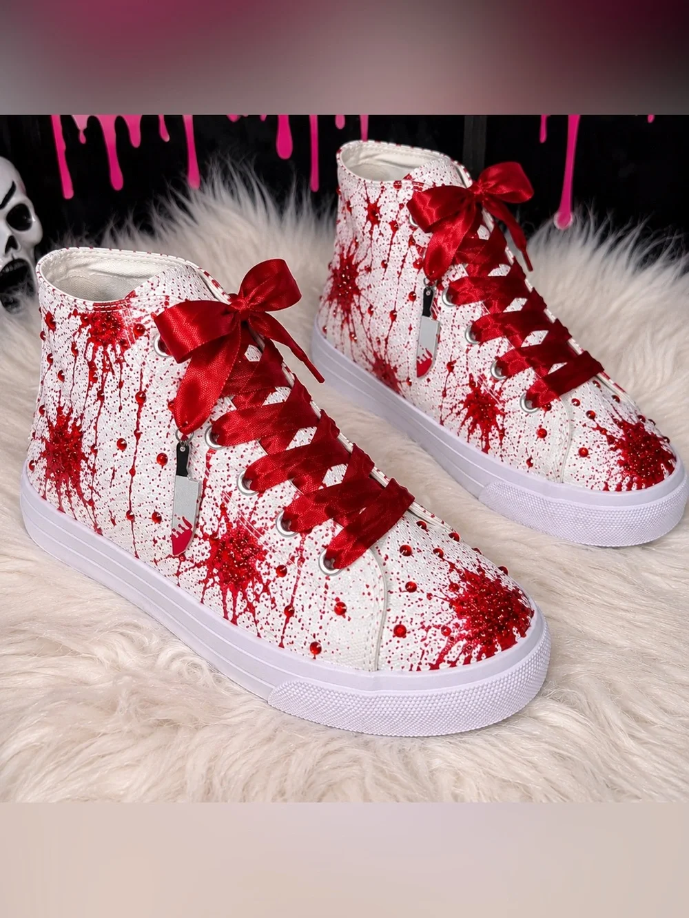 Women’s Custom Horror Splash High Top Canvas Sneakers With Charm & Ribbon Laces